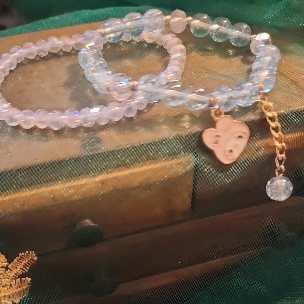 Gold and White Beaded Bracelet with Crystal Charm